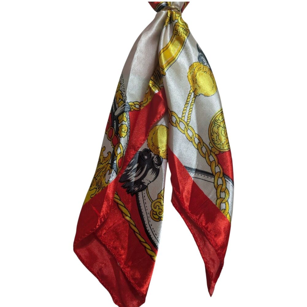 LP Crystal Collection Satin Hair Scarf Red Gold Chain Print Twilly Ponytail - Picture 4 of 5